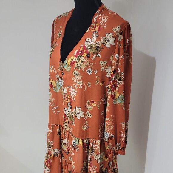 Emma & Michele Womens Floral Dropwaist Long Sleeve Dress Size Medium Orange Boho - Picture 2 of 13
